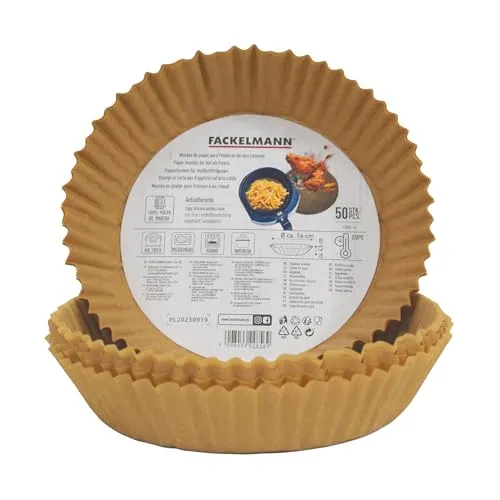 Fackelmann Papierfach für Luftfritteuse, rundes Air-Fryer-Papier, antihaftbeschichtet und hitzebeständig bis 230 °C, Zubehör für Luftfritteuse, 16 x 4,5 cm, 50 Stück, geeignet für Cosori, Cecotec und