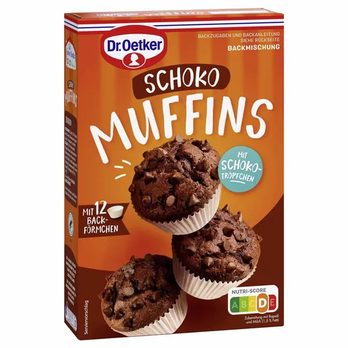 Dr Oetker Backmischung Muffins Schoko 345g - Backmischung für leckere Schokoladenmuffins, einfach in der Zubereitung und ideal für jeden Anlass. Perfekt für Naschkatzen!