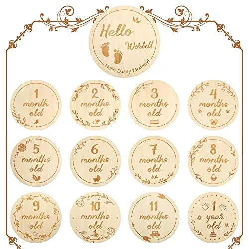 Outus Baby Monatliche Holzkarten, 26 Design 13 Stücke Neugeborene Meilenstein Baby Geschenk Sets Monatliche Meilenstein Karten Baby Ersten Jahr Wachstum Foto Bild Gedenk Requisiten, Doppelseitige