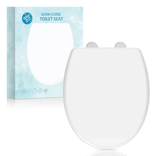 Toilettensitz, Soft Close Toilettensitze mit rutschfesten Sitzstoßstangen und Metallschrauben, passend für Standard-Rund-WC, Schnellverschluss, kein Slamme, Weiß - O Form