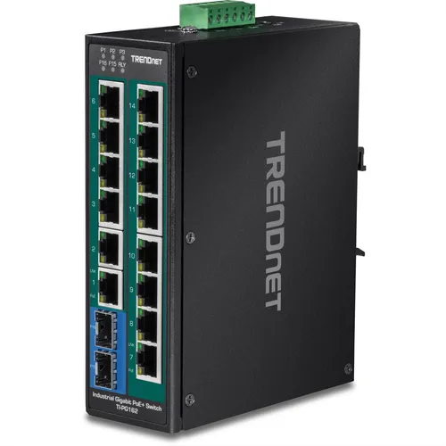 TRENDnet 16-port Gigabit Switch TI-PG162 - Industrieller unmanaged Switch mit 16 Ports, 32 Gbit/s Switching-Kapazität und 8KV ESD Schutz für zuverlässige Netzwerkinfrastruktur in anspruchsvollen Umgebungen.