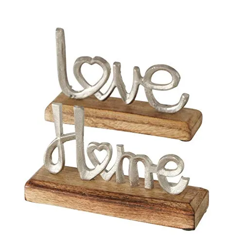 Schriftzug Holz Individuell Alu Aluminium LOVE und HOME auf Mangoholz Sockel