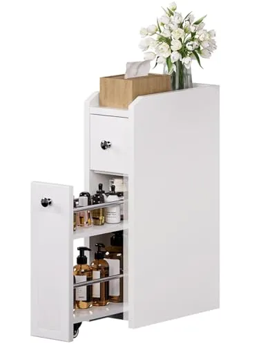 Yorbay Stehender Schmaler Schrank mit Schubladen: Weiß Beistellschrank für Wohnzimmer Küche Badezimmer Esszimmer