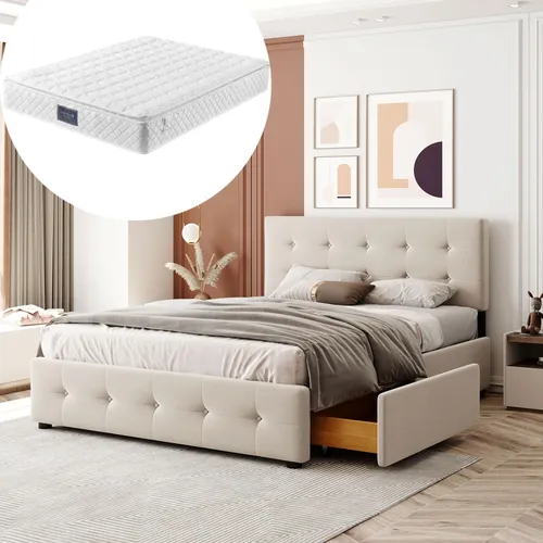 Beige Polsterbett 140x200 cm mit Taschenfederkernmatratze und Lattenrost - Elegantes Polsterbett mit höhenverstellbarem Kopfteil und 4 praktischen Schubladen. Genießen Sie höchsten Schlafkomfort durch die 7 Liegezonen der Matratze und die stabile Konstruktion für eine langanhaltende Nutzung.