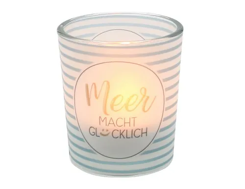 Dekohelden24 Windlicht Windlichtglas inkl.1 Teelicht, Meer macht Glücklich. (1 St)