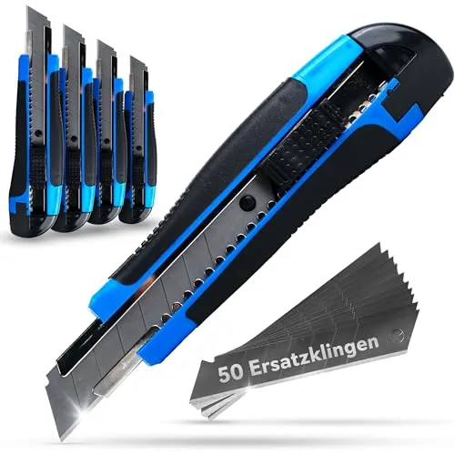 Nubrella Cuttermesser Set | 18mm Klingen | 5 Allzweckmesser + 5x 10 Ersatzklingen Abbrechklingen | präzisions Kartonmesser mit Gummigriff | Teppichmesser aus Carbonstahl