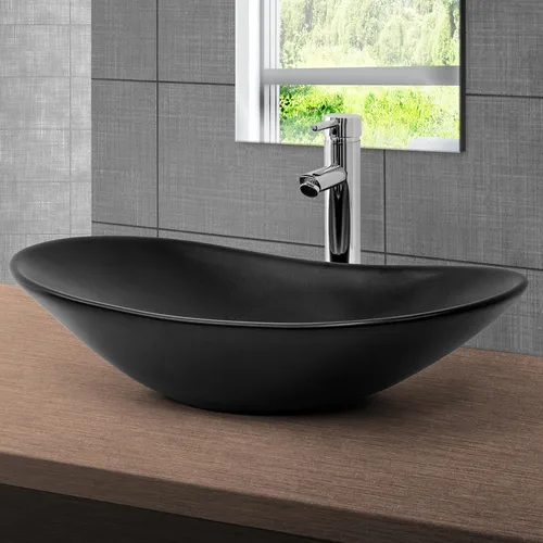 ML-Design Schwarzes Keramik Waschbecken 63x36 cm - Badezimmer Tischwaschbecken, modernes ovales Design mit hoher Kratzfestigkeit und pflegeleichter Oberfläche für eine elegante Optik.