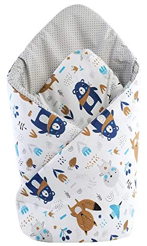 Medi Partners Steckkissen 100% Baumwolle 75x75cm Einschlagdecke Babyhörnchen doppelseitig weich ganzjährig multifunktional antiallergisch Babys (Tiere im Wald mit Grau Punkten)