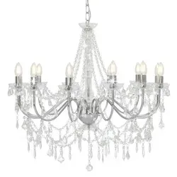 Eleganter Kronleuchter mit Perlen in Silber, 12 x E14-Fassungen - Stilvolle Deckenleuchte aus Metall und Acryl, ideal für eine edle Raumgestaltung, maximale Lampenleistung von 40 W.