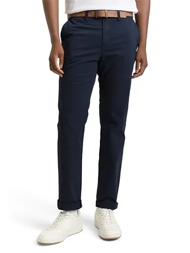 TOM TAILOR Denim Herren Slim Fit Chino Hose mit Gürtel - Sky Captain Blue - Herren-Jeanshosen, klassische Slim Fit Chinohose aus Baumwolle mit Stretch-Anteil für hohen Tragekomfort und Bewegungsfreiheit, ideal für Freizeit und festliche Anlässe.