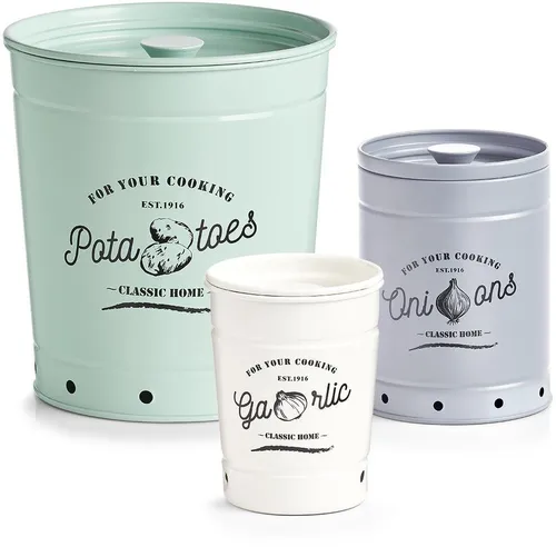 Zeller Present Vorratsdose Set für Knoblauch, Zwiebel & Kartoffel - 3-tlg. Vorratsdosen-Set aus hochwertigem Metall, ideal für die richtige Lagerung von Knoblauch, Zwiebeln und Kartoffeln. Lebensmittelecht und dekorativ für jede Küche.