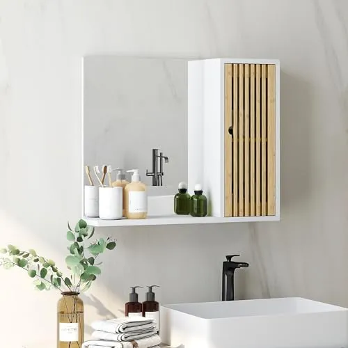 HOMCOM Badezimmerschrank mit Spiegel, Badezimmerspiegel mit Ablage, Lamellentür aus Bambus und verstellbarem Regal, 60 x 14 x 50 cm, Weiß