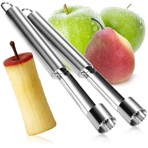 COM-FOUR® 2x Apfelausstecher aus rostfreiem Edelstahl, praktischer Kernausstecher mit Aufhängeöse, entfernt Kerngehäuse, für Bratäpfel und mehr (002 Stück - Apfelentkerner - silberfarben)