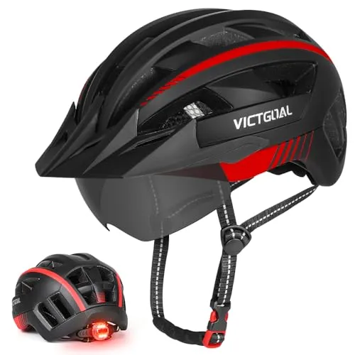 VICTGOAL Fahrradhelm MTB Mountainbike Helm mit magnetischem Visier Abnehmbarer Sonnenschutzkappe und LED Rücklicht Radhelm Rennradhelm für Erwachsenen Herren Damen (Black Red, M: 54-58cm)