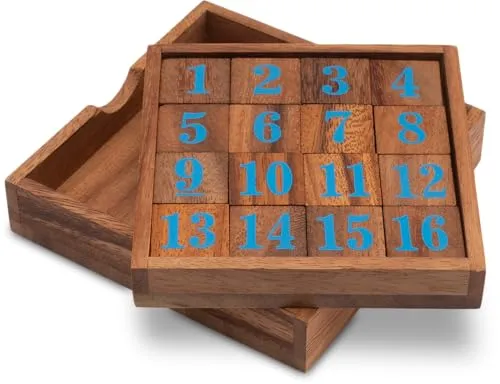 LOGOPLAY Slide 15 - Schiebespiel - Rechenspiel - Montessori - Denkspiel - Knobelspiel - Geduldspiel - Logikspiel aus Holz mit blauen Zahlen