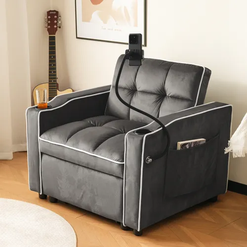 STILVORA Sofa-Liegestuhl Ausziehbares Einzel-Schlafsofa 3-in-1 Loungesofa,Sessel mit Getränkehaltern und Handyhalter,mit Bettfunktion,Schlafstuhl,grau