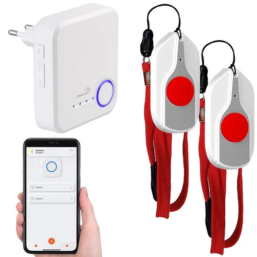 Smartes SOS-Notrufknopf-Set für Senioren - Hausnotrufanlagen mit 2 Sendern und 1 Empfänger, sorgt für schnelle Hilfe im Notfall und gibt Senioren ein sicheres Gefühl.