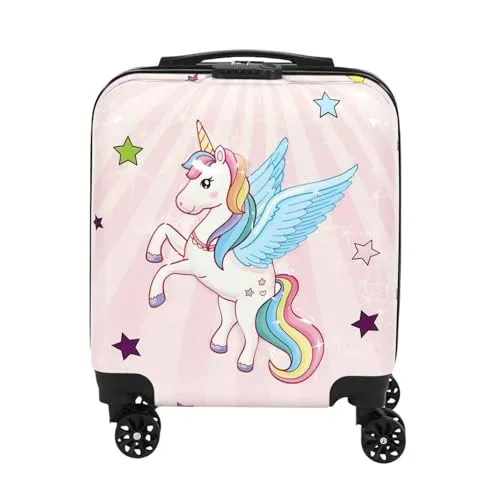 HowHomely | Kinderkoffer Kabine 3D 51x31x22 cm – Handgepäck Trolley mit Rollen Einhorn, Hartschale, leicht, bunt, Reisekoffer für Kinder, Urlaub, Flugzeug