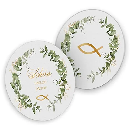 itenga 40x Bierdeckel Untersetzer Fisch Gold grün Blätter Eukalyptus Schön DASS du da bist - Tischdeko runde Bierdeckel aus Pappe passend für Taufe Kommunion Konfirmation Firmung