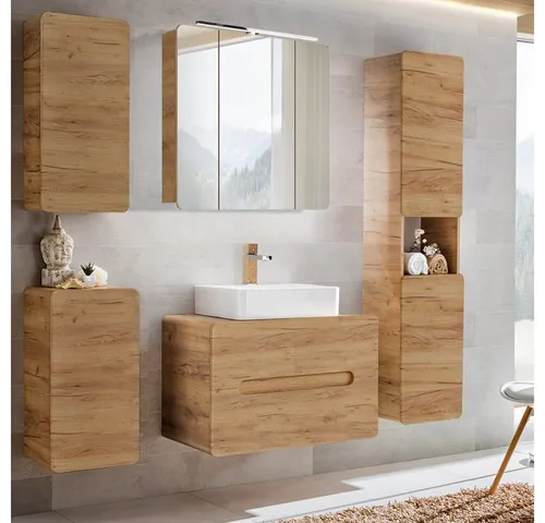 Lomadox Badmöbel-Set LUTON-56-CRAFT - Badmöbel Komplett Set in Wotan Eiche Nb., modernes Design mit Soft-Close-Funktion für komfortables Schließen und LED-Beleuchtung für ein stilvolles Ambiente.