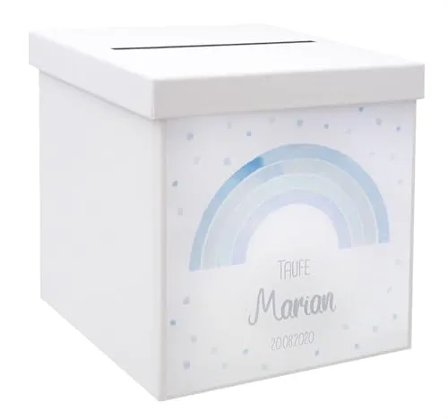 ZauberDeko Geschenkbox Regenbogen Blau zur Taufe und Kommunion mit Name - Diese personalisierte Geschenkbox in Regenbogen Blau ist ideal für Taufe, Kommunion und Konfirmation. Ein einzigartiges Highlight für besondere Anlässe mit Platz für Karten und Geschenke. Perfekt als individuelle Erinnerung!