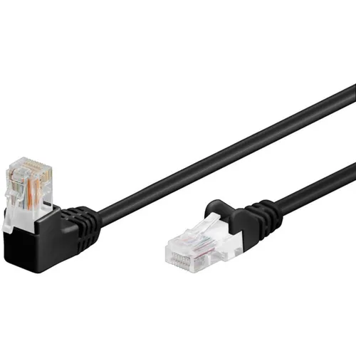 Goobay 94170 Cat 5E Patchkabel - 1x 90° gewinkelt, U UTP, schwarz, CCA Kupfergemisch, ideal für enge Platzverhältnisse mit vergoldeten Kontaktflächen