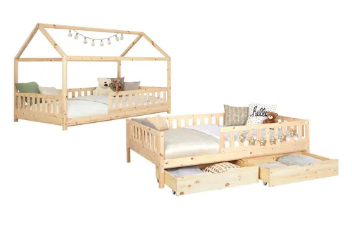 Ticaa Hausbett Duo mit Rausfallschutz und Schubkasten - Abenteuerbetten: 2-in-1 Hausbett „Duo“ aus massivem Kiefer, wandelbar vom Kinderbett zum Jugendbett, inkl. abnehmbarem Dach und Rausfallschutz für maximale Sicherheit.