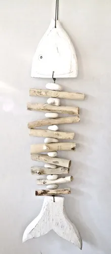 Deko Fisch Holz Hänger Maritim Fischgräte Skelett Mobile Wanddeko Skulptur 60cm
