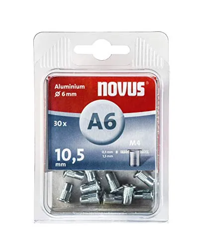 Novus 045-0075 A6 Blindnietmutter Ø6 mm Aluminium, 30 Nietmuttern, M4 Gewinde, 10.5 mm Länge, für Kunststoff und Leichtbaumaterial, Silber