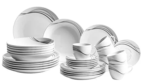 MÄSER Kombiservice Geschirr-Set, Service Tajo (30-tlg) für 6 Personen - Elegantes 30-teiliges Porzellan-Service in Schwarz/Grautönen, mikrowellen- und spülmaschinengeeignet – ideal für stilvolle Dinnerpartys und den täglichen Gebrauch.