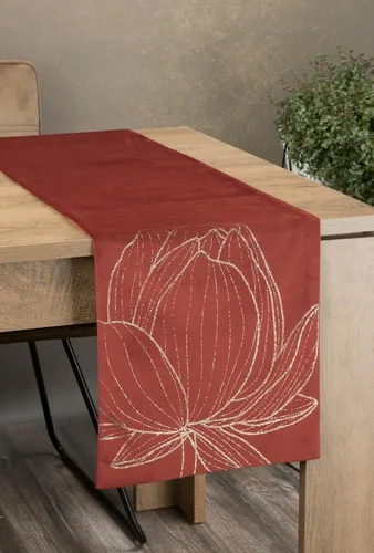 Tischläufer 35x140 cm, 12 cm, ziegelrot, goldfarben, Lotusblumenmuster, Samt