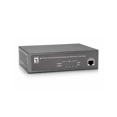 LevelOne FEP-0511 Fast Ethernet PoE Switch 5Port 65W - PowerLAN-Netzwerke, leistungsstarker 5-Port Switch mit 65W PoE für zuverlässige Stromversorgung und Datenübertragung in einem Gerät.