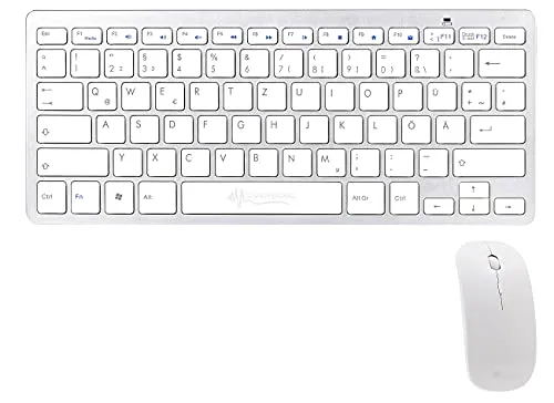 Schlanke Funk-Tastatur mit Scissor-Tasten & Funk-Maus - Maus-Tastatur-Set in elegantem Alu-Look, kabellos und ideal für Laptop-Nutzer – für eine ordentliche und komfortable Arbeitsumgebung.