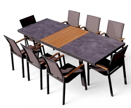 ALEOS. Gartengarnitur Gartenset Aluminium Teak Set mit Ausziehtisch 180x90cm auf 240cm ausziehbar + 8 Stapelstühle anthrazit Trinidad