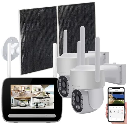 VisorTech Solar-Kameras: Funk-Überwachungs-Set: Rekorder mit 2X 2K-PT-Solar-Kamera, App (WLAN Überwachungskameras, Überwachungskameras Funk Set)