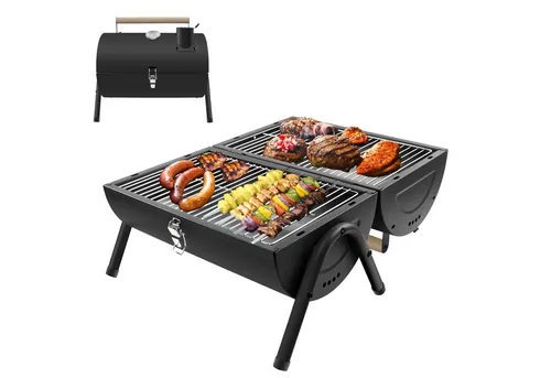 SunJas Holzkohlegrill K-22ABK – Tragbarer Klappgrill mit Thermometer