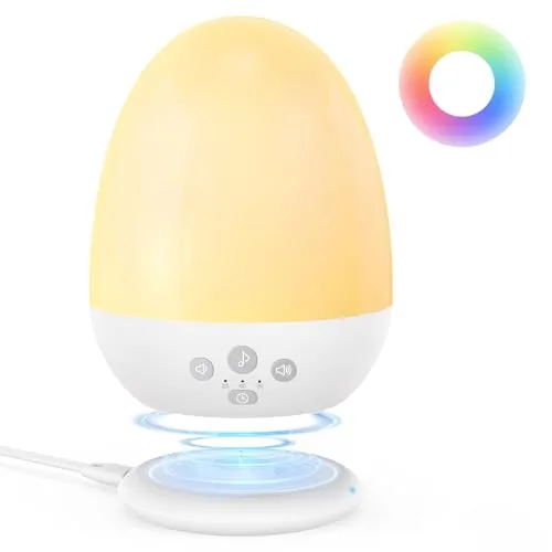 Nachtlicht, Stilllicht Dimmbar, Nachttischlampe mit 8 Farbe & White Noise | 2500 mAh Akku, 32-stufige Lautstärke, Timer & kabellose Ladestation für Baby- und Kinderzimmer