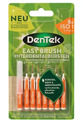 DenTek Eco Easybrush Interdentalbürste ISO 1 8 Stk. Pflanzenbasiert- 0,45 mm extra fein für sehr enge Zahnzwischenräume, mit Minzgeschmack & hygienischer Schutzkappe - Wiederverwendbar