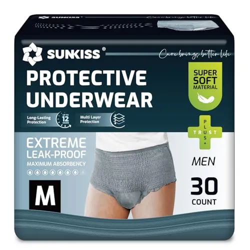 SUNKISS Inkontinenz Pants Männer, Tagsüber Einweg Erwachsenen Windelhosen, Herren Windeln mit Maximaler Saugfähigkeit, Grau, Größe M, 30 Stück 1er Pack