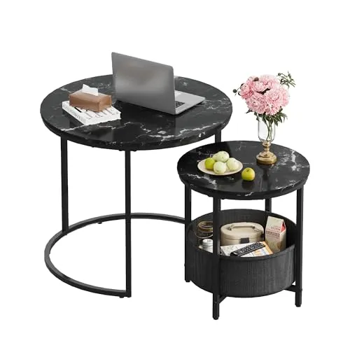 WLIVE Couchtisch Rund mit Stauraum, Beistelltisch Set Schwarz mit Metallrahmen, Wohnzimmertisch klein mit Holzplatte, Nachttisch für Wohnzimmer, Balkon und Büro (Marmor Schwarz)