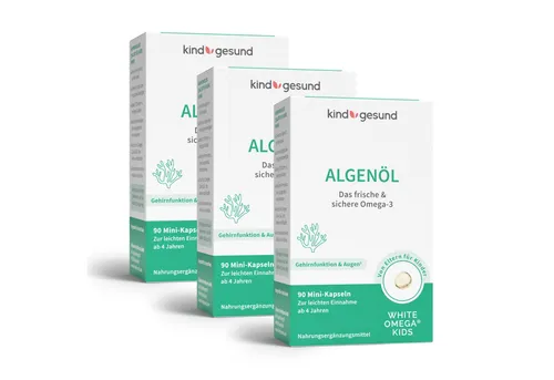 kindgesund Omega-3 Algenöl für Kinder, vegan - 270 Stück - Vitamine - 330 mg DHA pro Tag für Gehirn- und Sehkraftentwicklung, vegan und nachhaltig aus Algen, kinderfreundliche Mini-Kapseln, ohne Zucker und Schadstoffe.
