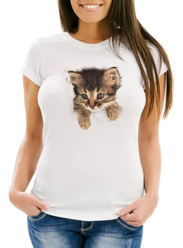 MoonWorks® Damen T-Shirt Katze Katzenmotiv Katzenbaby Tiermotiv Motiv Slim Fit Weiss M
