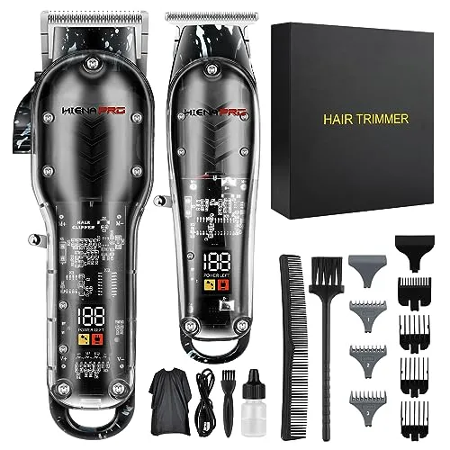 HIENA PRO Haarschneidemaschine Männer + T Liners Haarschneider Set, Barber Cordless Professionelle Haarschneidemaschine zum Haarschneiden mit LED-Display, Geschenke für Männer, Schwarz