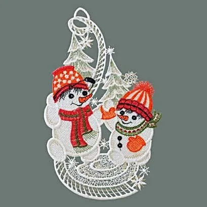Raebel Fensterbild Spitze Plauener Stickerei Weihnachten Spitzenbild Deko Schneemänner + Saugnapf
