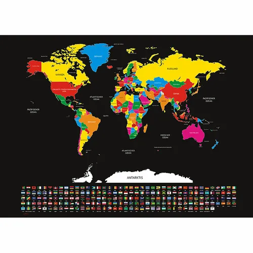infactory XXL-Weltkarte mit Ländern und Flaggen zum Freirubbeln, 82 x 59 cm