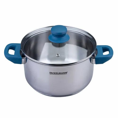 Fackelmann Kochtopf Essential, Ø20cm, blau - Gemüsetopf mit ergonomischen Softtouch-Griffen, energiesparendem Kapselboden und praktischer Literskala, ideal für vielseitige Kochmethoden.