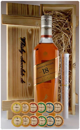 Johnnie Walker 18 Jahre scotch Whisky + 12 Edelschokoladen in Holzkiste Geschenk
