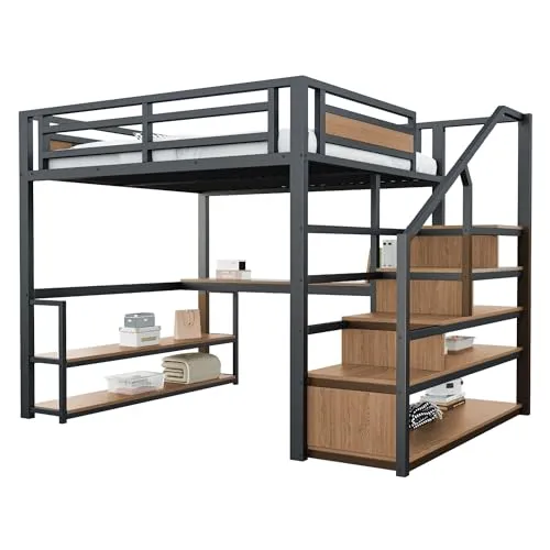 Metall-Hochbett 140×200cm mit Aufbewahrungsleiter in schwarz von xixiworkshop