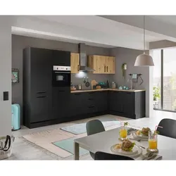 Küchenblock mit E-Geräten CORNWALL XI - braun - Küchenzeilen mit integriertem Ecke-Backofen, Geschirrspüler und Kühlschrank, ideal für platzsparende Küchenlösungen.