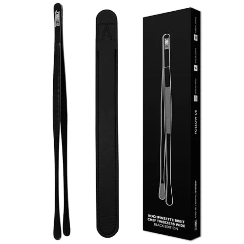 REDSALT® Black Edition Kochpinzette Breit schwarz 30cm | INOX 18/10 Edelstahl rostfrei spülmaschinenfest PVD-Beschichtung | Profi Koch Pinzette Küche Grill Gourmet Zange Küchenpinzette Grillpinzette